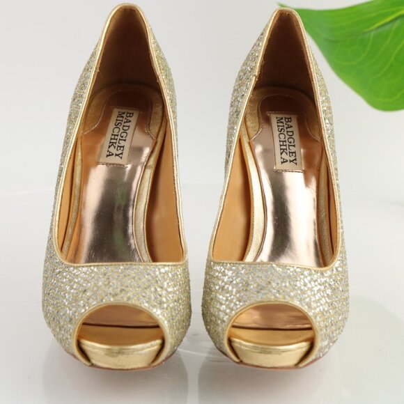 Badgley Mischka Women Humbie Pump Size 7.5 Gold Glitter Platfrom Heel Dress Shoe - Picture 4 of 12